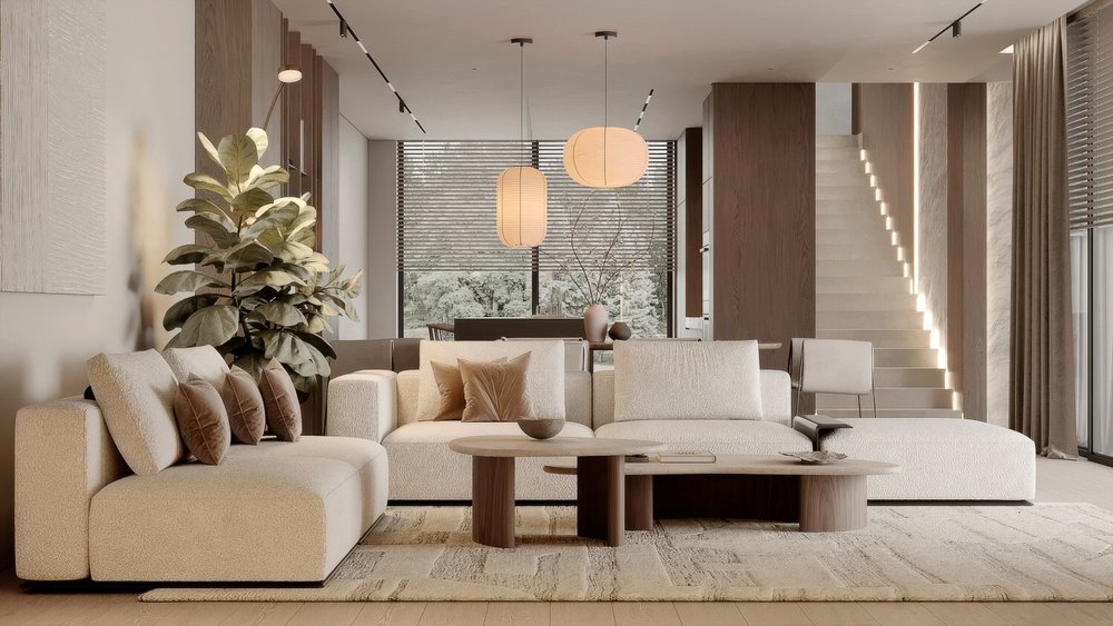 Modern,Contemporary,Living,Room,With,Kitchen,And,Dining,Room.,Luxurious